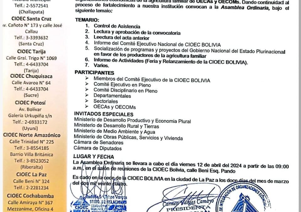 CONVOCATORIA ASAMBLEA ORDINARIA CIOEC-Bolivia